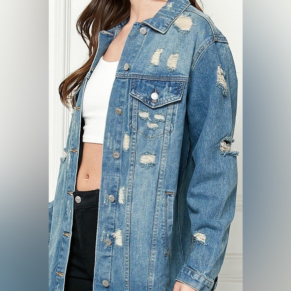 609. Distressed Denim Long Jacket in Light Wash - Picture 3 of 7